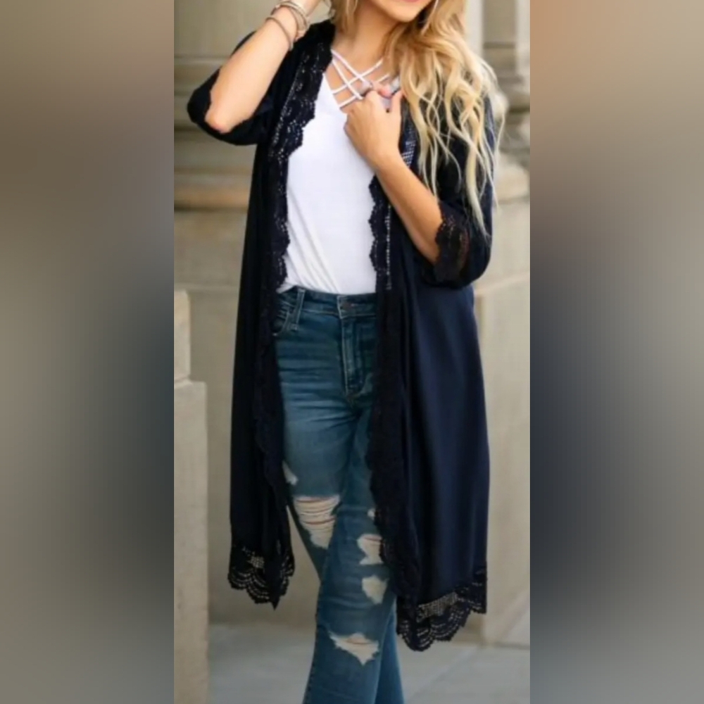 Hipster Row 3/4 Sleeve Navy Blue Lace Trim Cardigan- Size M